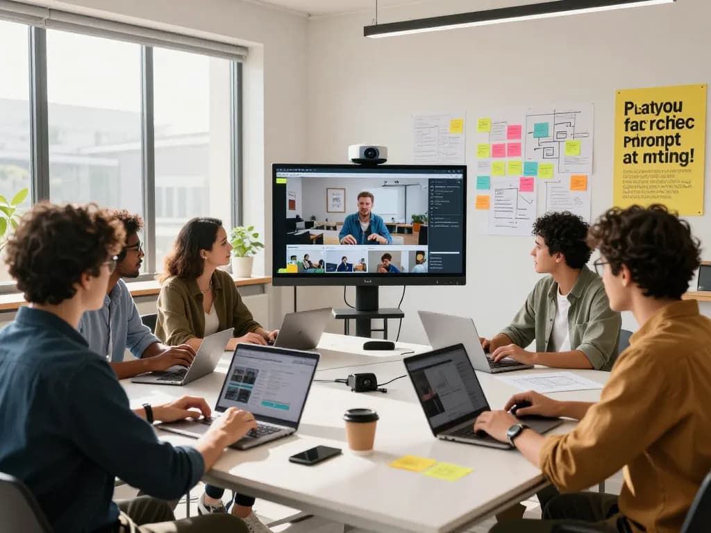 Creative team collaborating in a modern workspace using video to prompt technology.