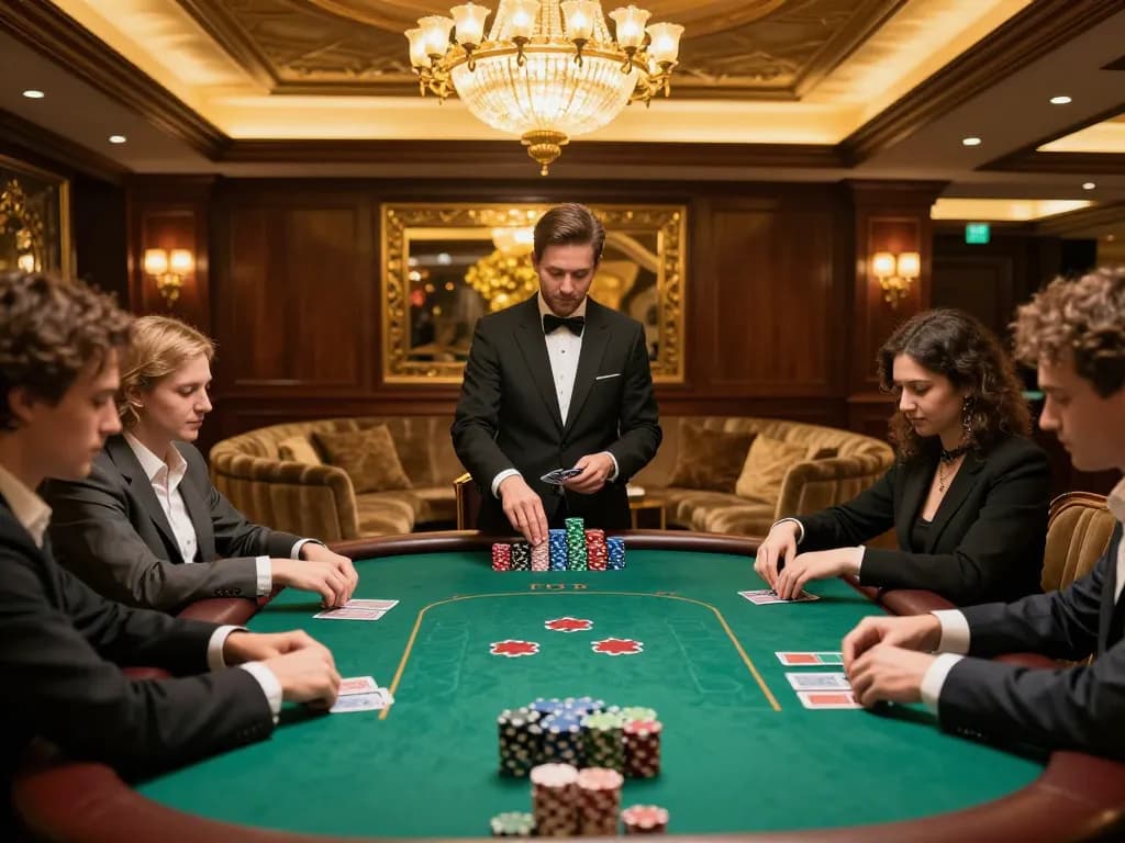 Engaged players in a luxurious poker game at RR88co's upscale lounge, showcasing the excitement and strategy of high-stakes gaming.