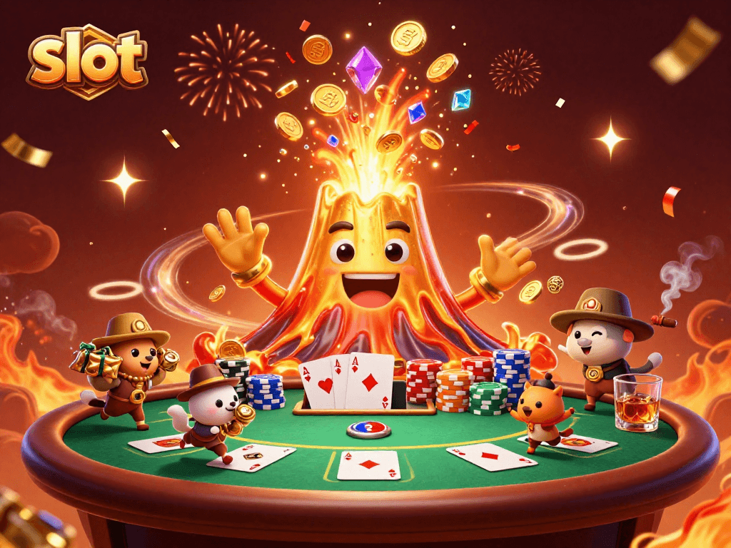 Engage with slots while a triumphant volcano erupts coins, surrounded by poker elements.