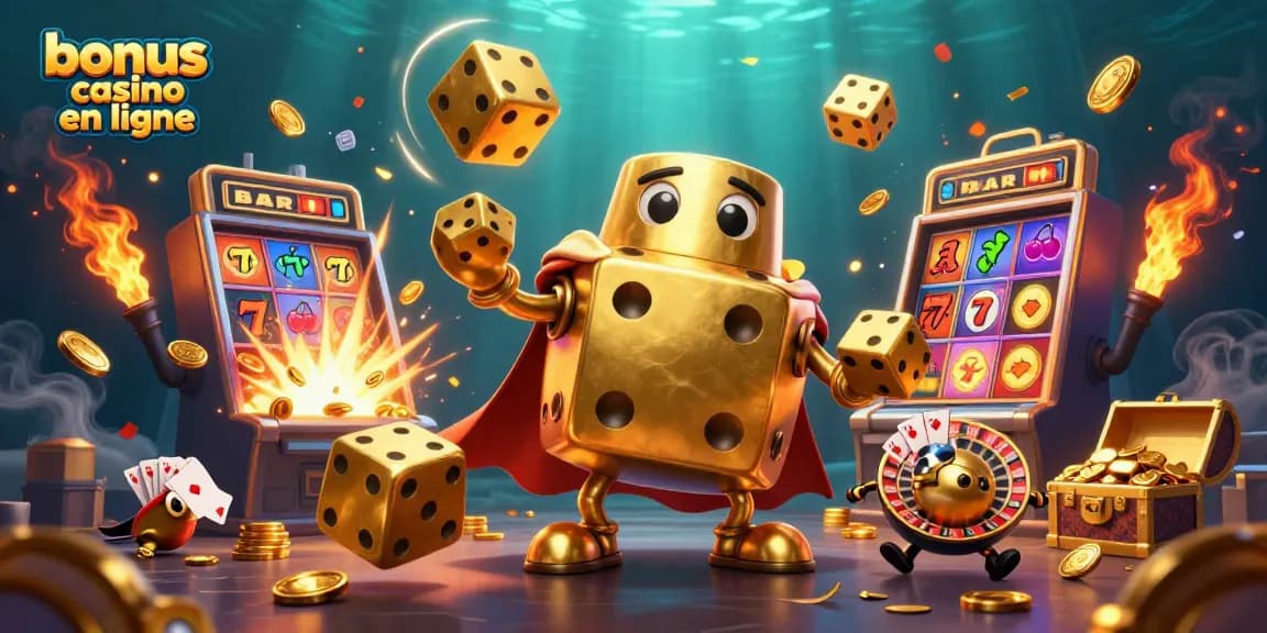 Profitez de l'excitation des jeux de casino avec un bonus casino en ligne, entouré de dés dorés et de machines à sous.