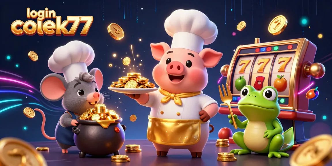 Engage with thrilling wins at login colek77, as characters serve gold coins amidst vibrant slot machines.