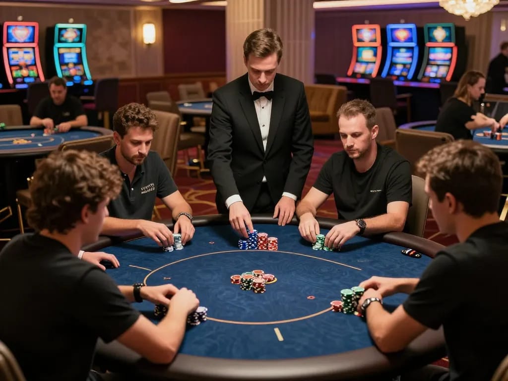 Intense poker gameplay at a luxurious casino featuring strategic moves and king garuda motifs on decor.