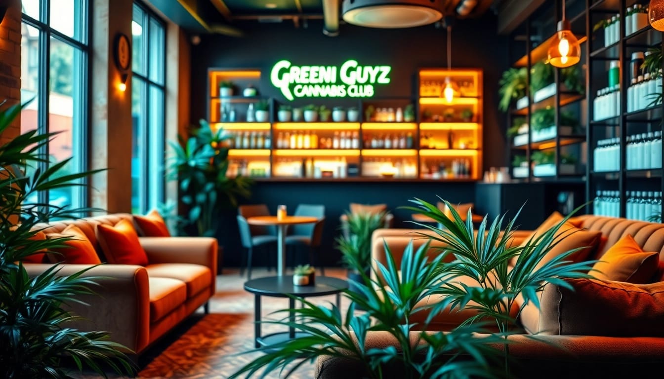 Relaxed environment at Green Guyz Cannabis Club Madrid with cozy seating and vibrant decor.