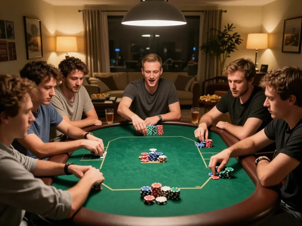 Players engage in an exciting home poker night while using abc8go for strategic betting.