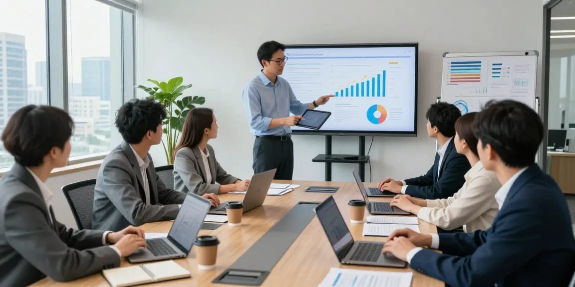 This page showcases a collaborative business meeting with professionals discussing growth strategies in a modern corporate office.