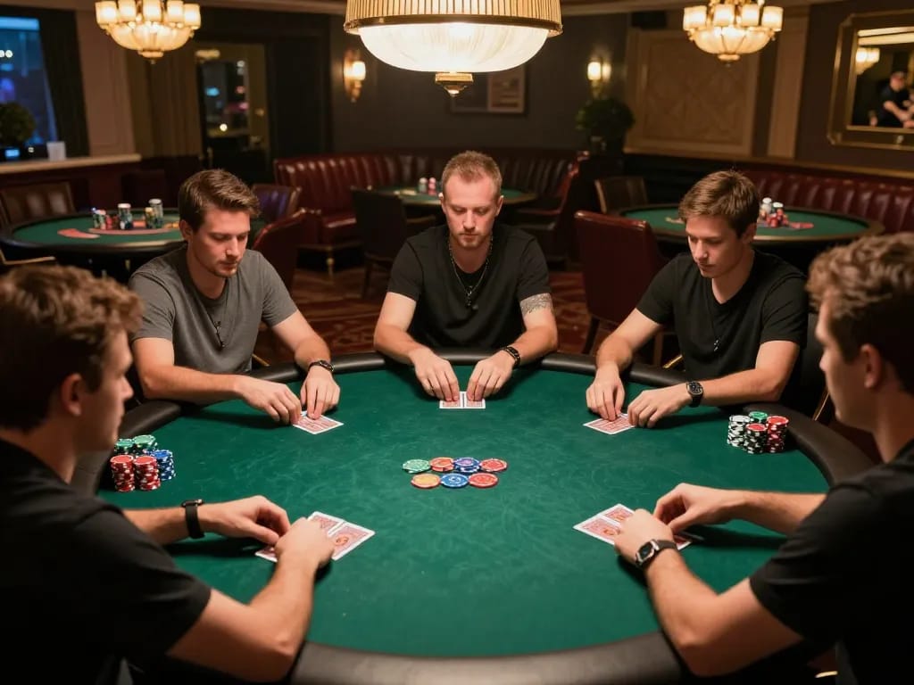 Players engaged in a thrilling poker game in a luxurious lounge, showcasing the excitement of nhacaiuytinn.