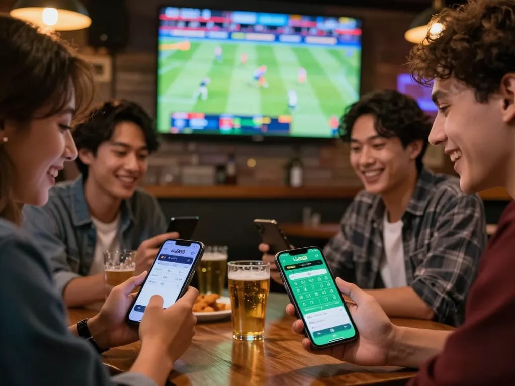 Friends enjoying sports betting on the lu888 app at a lively bar, capturing excitement and engagement.