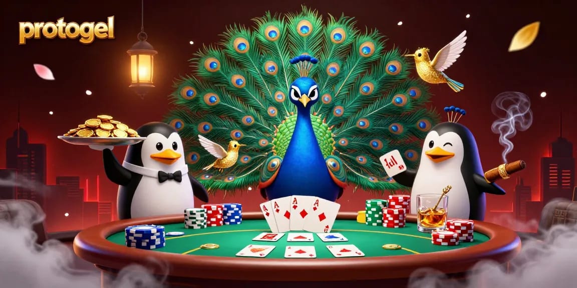 Experience thrilling games at protogel with a vibrant casino scene featuring poker elements and lively characters.
