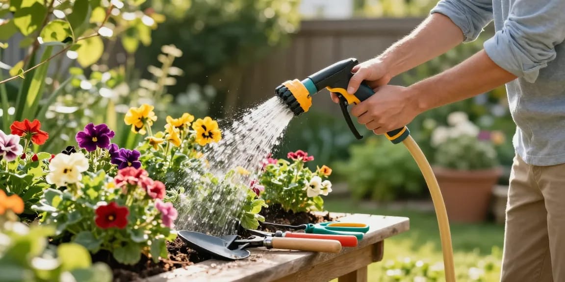 Gardening enthusiast using the best hose nozzle to water vibrant flowers in a sunny garden setting.