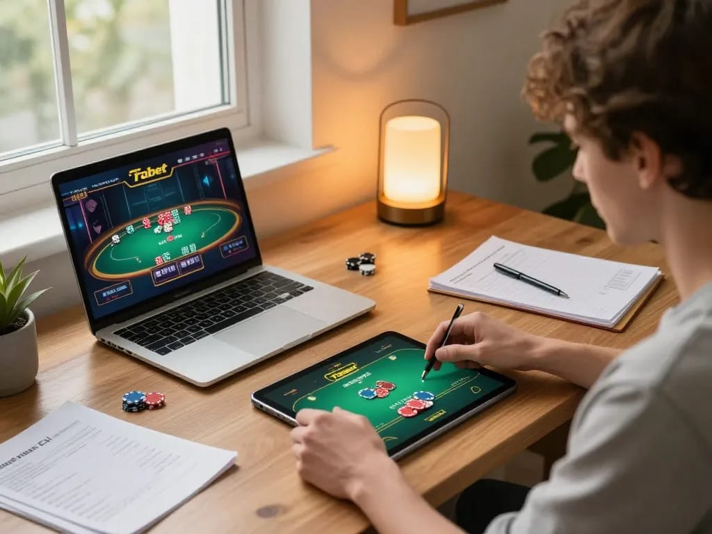 Engaging in a Fabet live poker game on a tablet in a cozy home office.