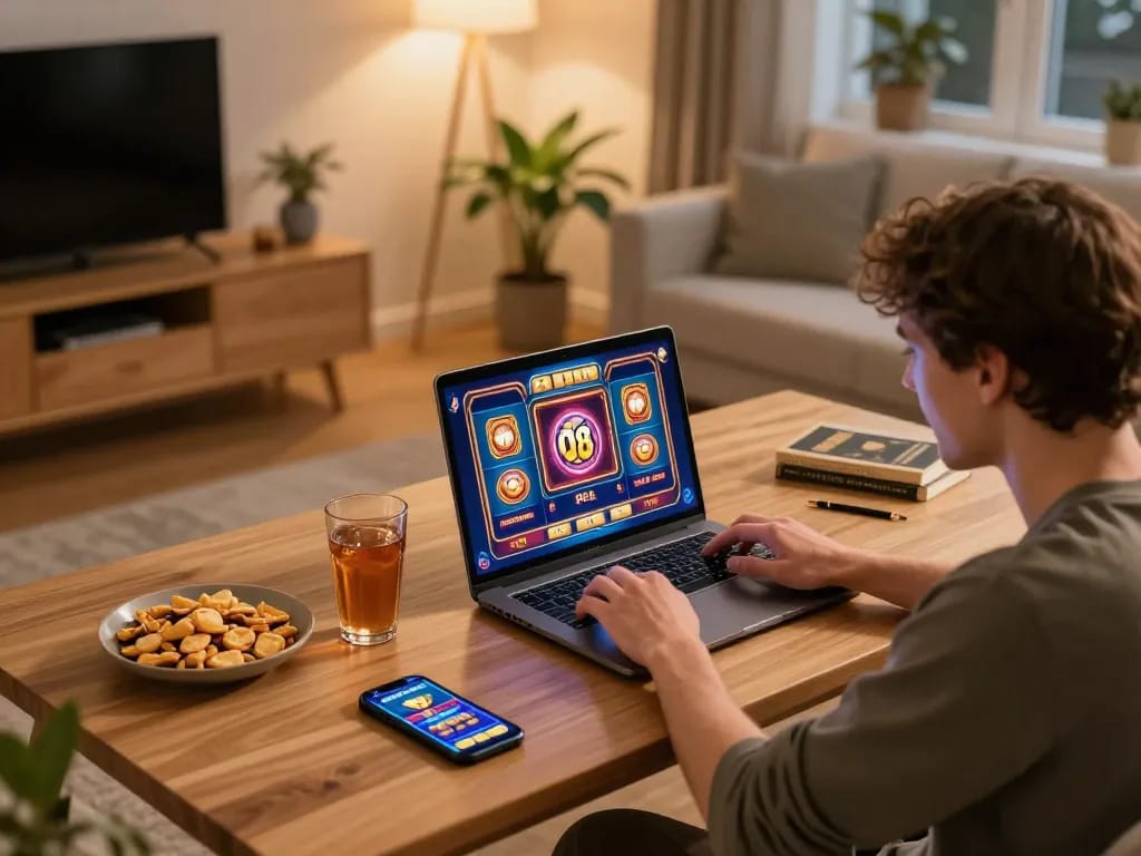 Engaged player enjoying O8 online slots from a cozy home setup with snacks and beverages.