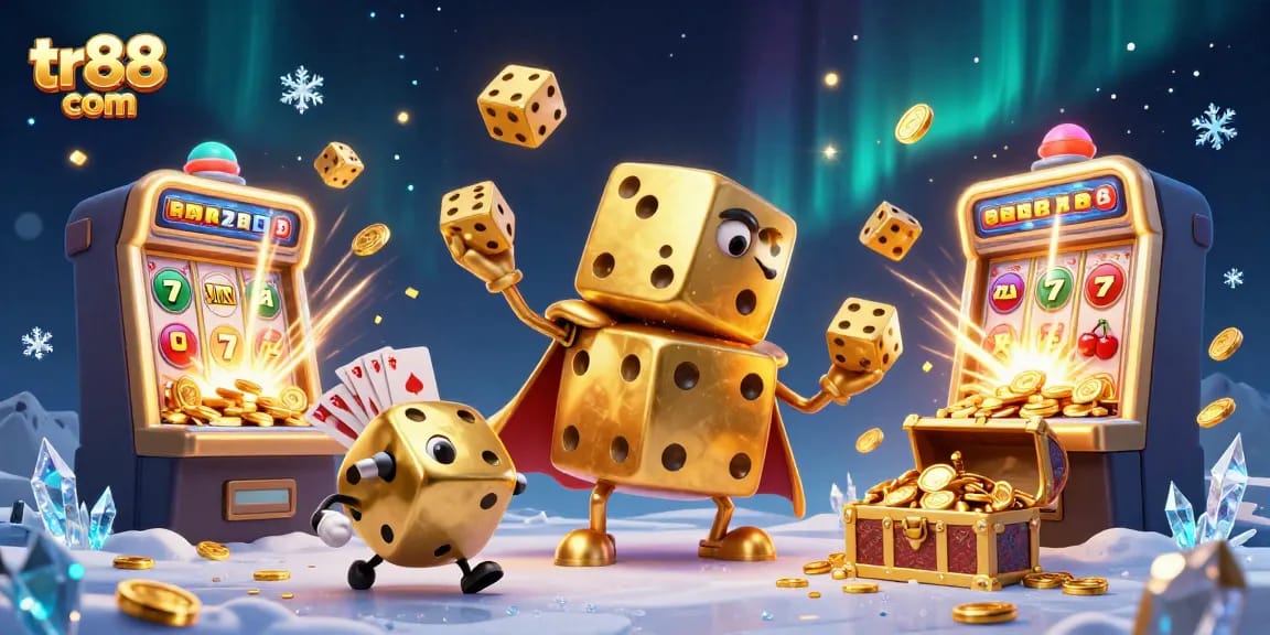 Experience the thrilling world of tr88 com with a vibrant 3D illustration showcasing golden dice, jackpots, and casino games.