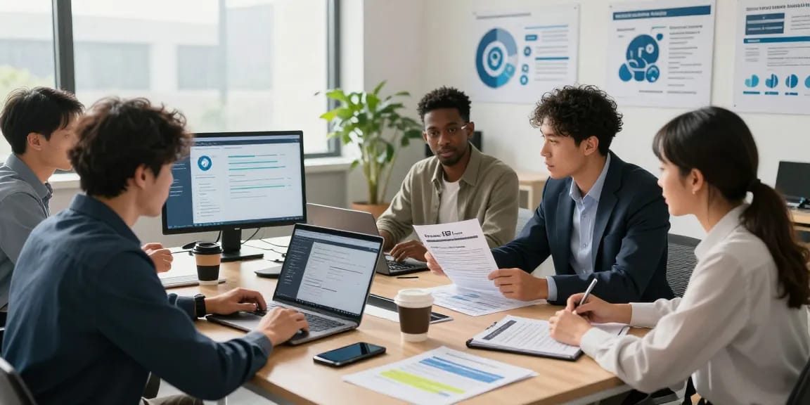 Team collaborating in a professional office, discussing cyber essentials insurance importance for compliance.