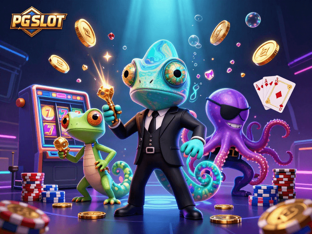 Engage in PG SLOT adventures with a secret agent chameleon, a gecko, and an octopus in dazzling casino action.