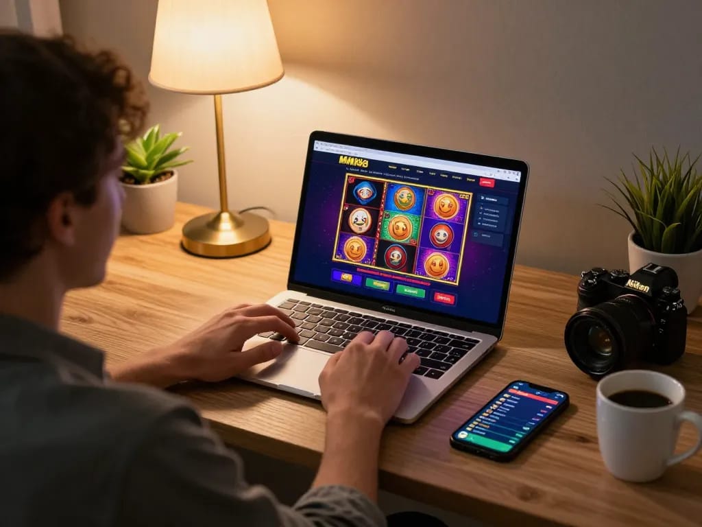 Engaging online gaming with MM88 on a laptop, showing colorful slot display.