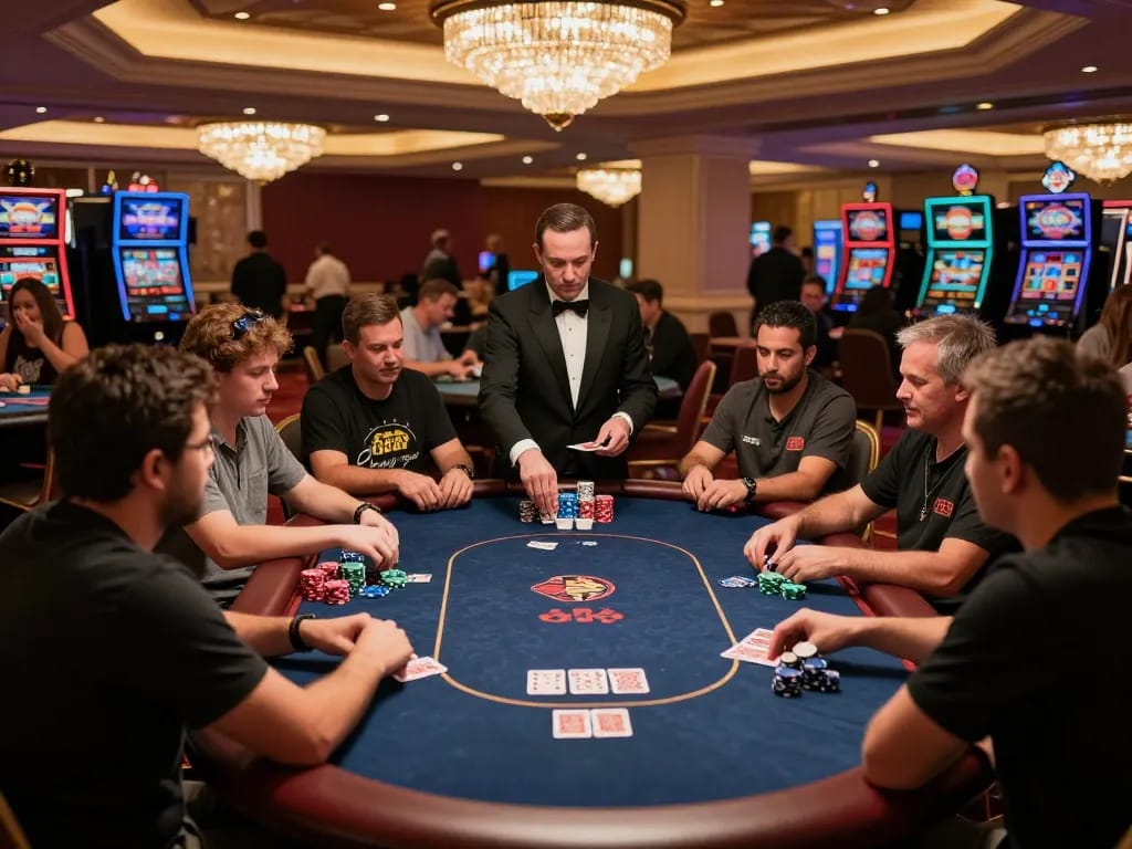 Players at an ALO8 poker table placing bets, engaging in strategic gameplay beneath warm ambient lighting.