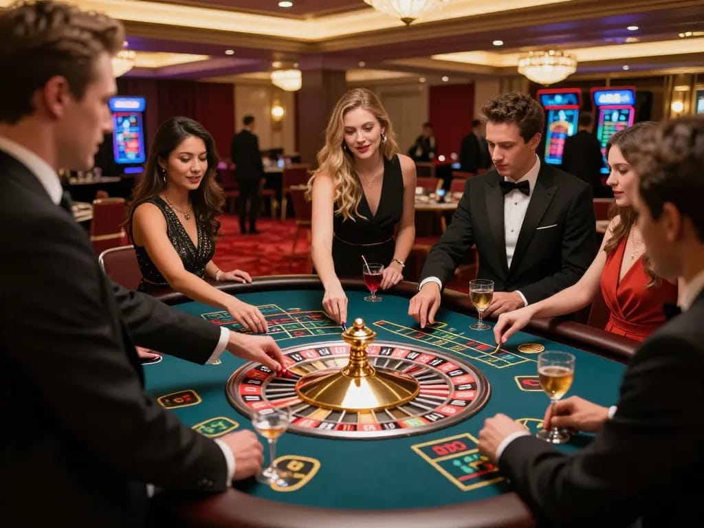 Engaging roulette gameplay at a high-stakes casino with enthusiastic players and vibrant surroundings, emphasizing slot777 excitement.