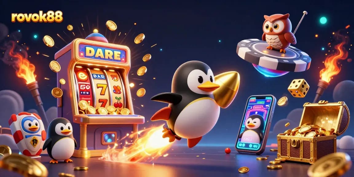 Experience the thrill of rokok88 with a vibrant 3D casino illustration showcasing exciting gaming elements.