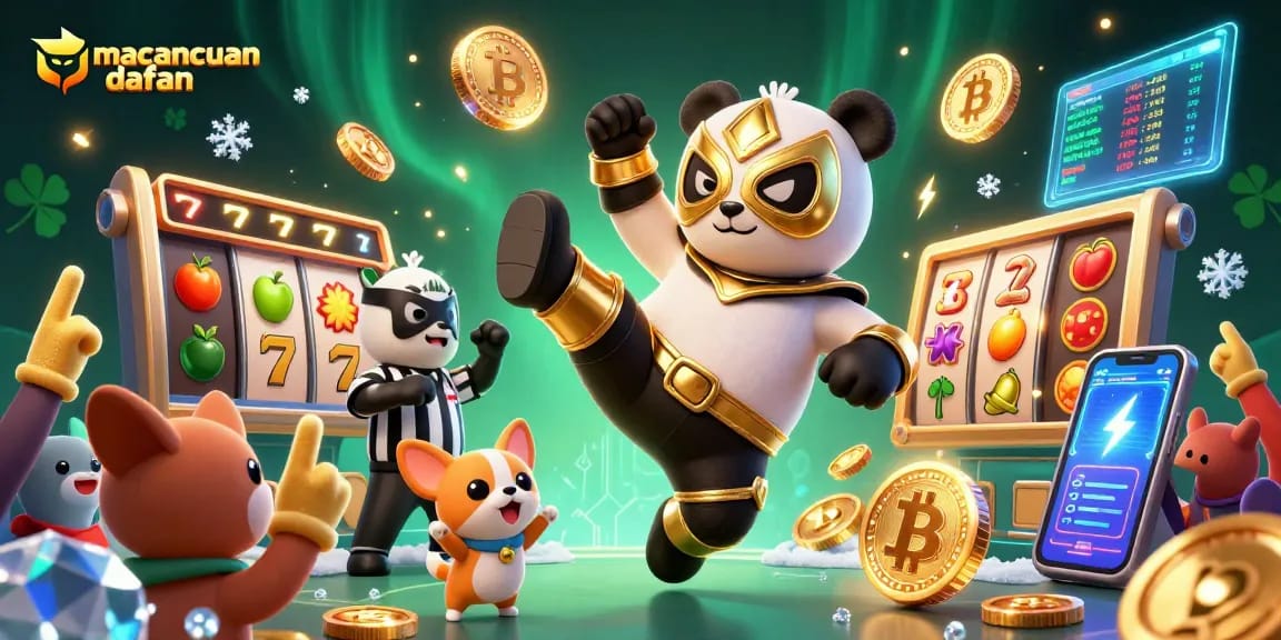 Ilustrasi fantastis dari macancuan daftar dengan panda pegulat melakukan tendangan berani di dunia kasino yang dinamis.