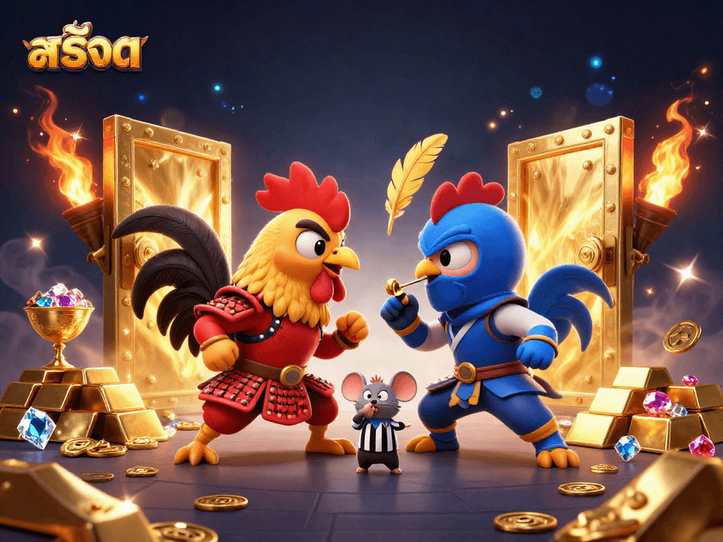 Experience thrilling สล็อต action with cartoon roosters in a dramatic showdown amid golden treasures.