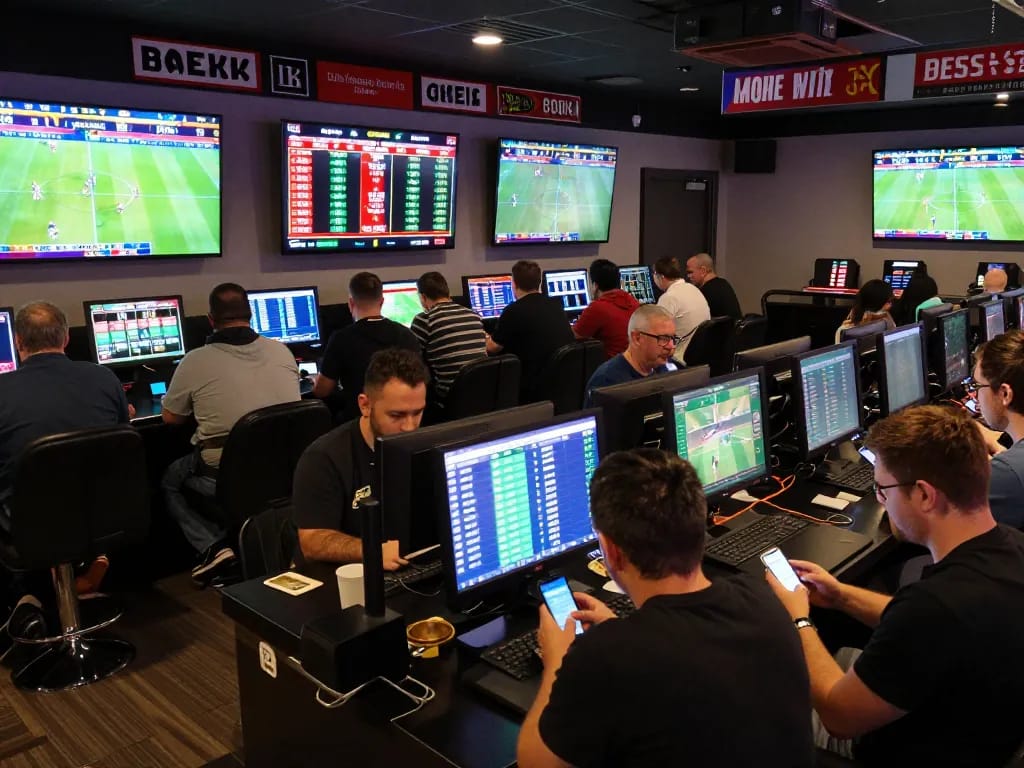 Engaged bettors analyzing live sports odds and placing bets at nhandinhkeonhacai.