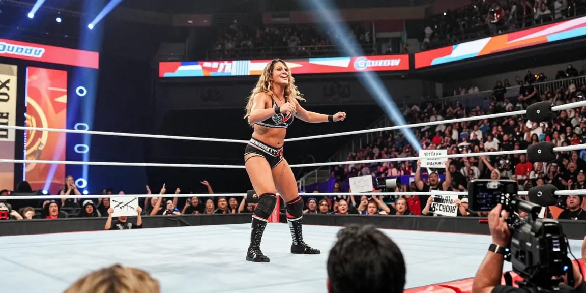 Roxanne Perez captivating the audience during a WWE wrestling event.