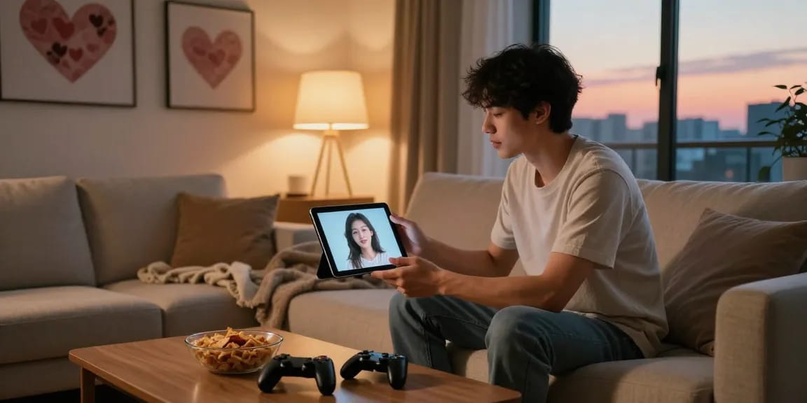 Engaging with an AI girlfriend in a cozy living room, showcasing romantic virtual interaction.
