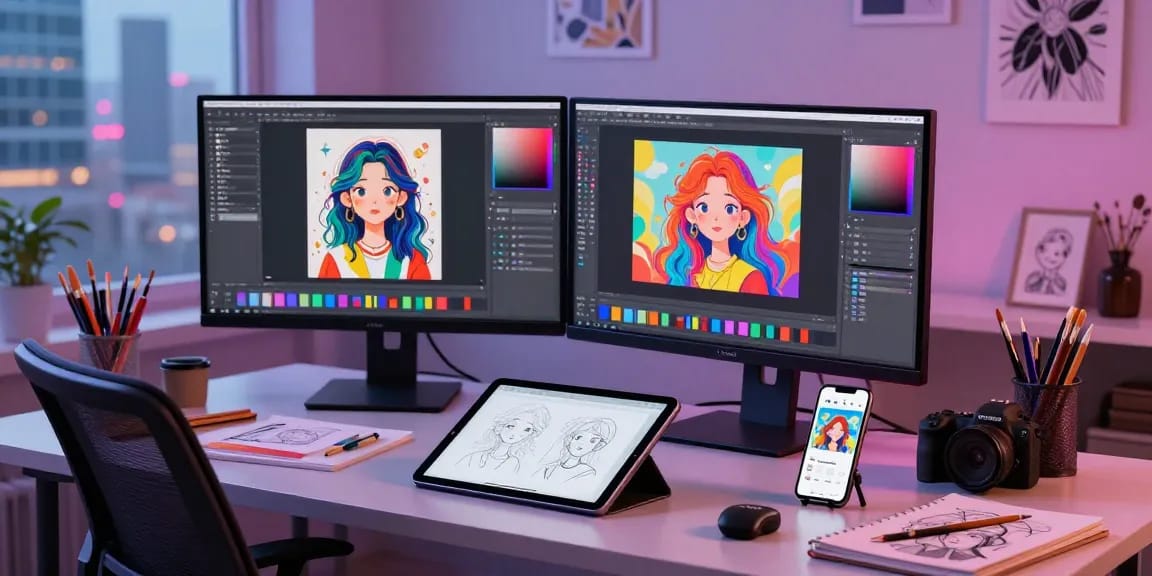 Designer using nano banana pro for AI image editing in a vibrant workspace.