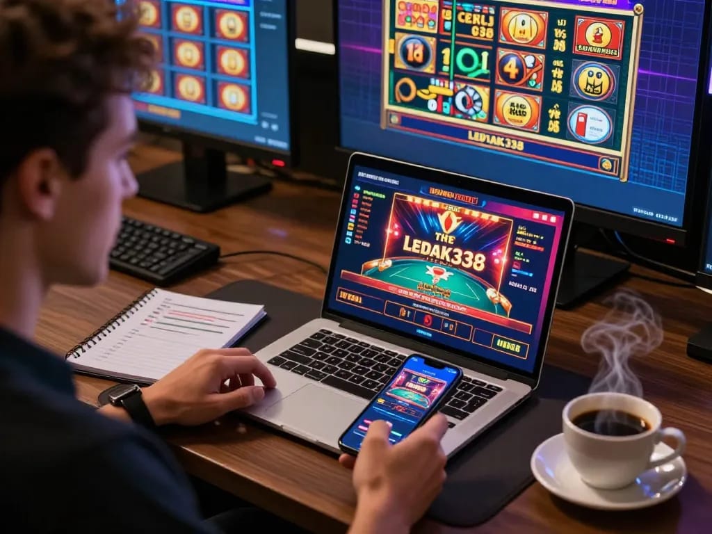 Player engaging with ledak338 online casino games on multiple screens in a cozy modern workspace.
