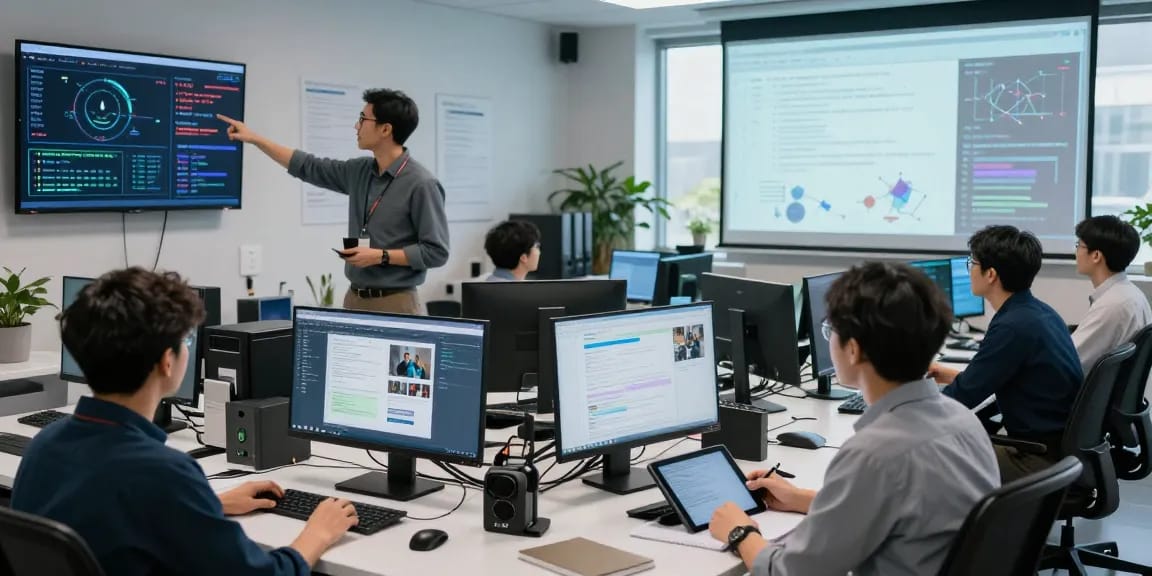 AI detector researchers analyzing data in a modern lab.