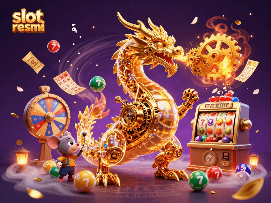Engage in thrilling slot resmi with a stunning illustration featuring a golden dragon amidst vibrant gaming elements.