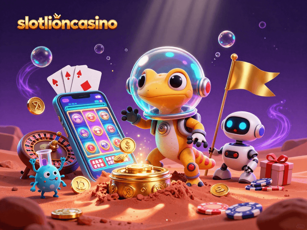 Experience thrilling wins with slotlioncasino's vibrant casino adventure illustrated on Mars.