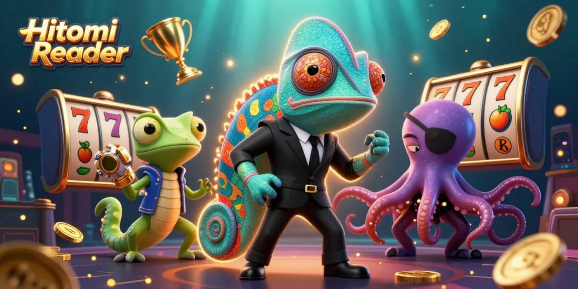 Engaging scene with Hitomi Reader highlights casino elements through 3D characters and dynamic slot games.