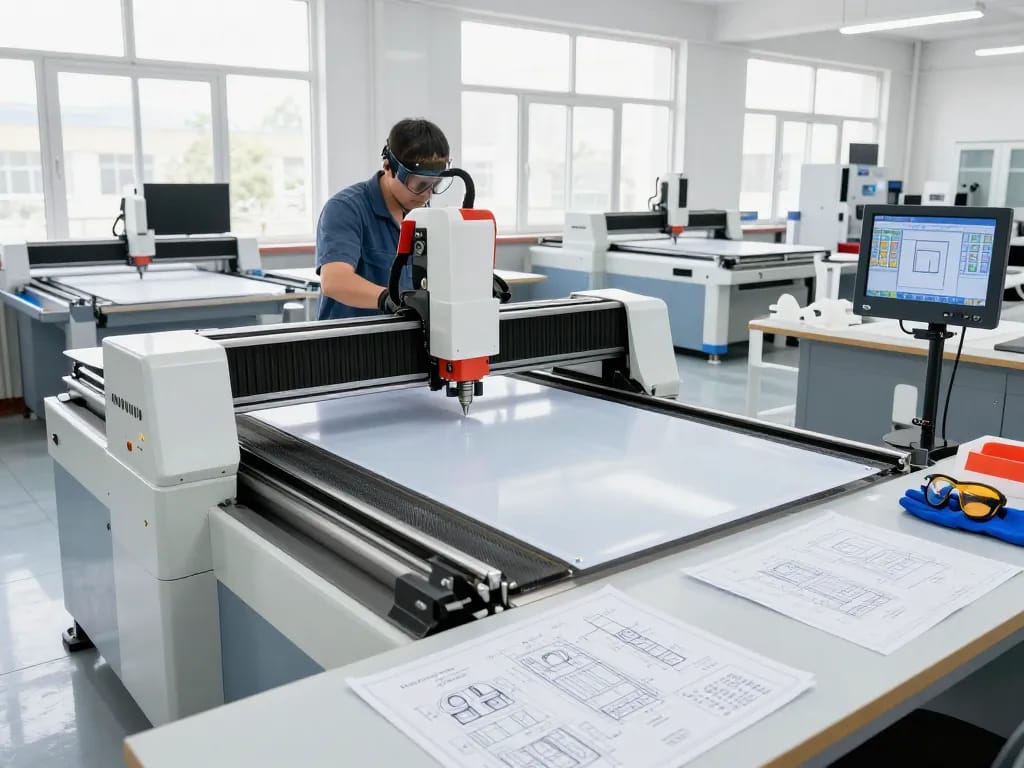 Bóc ép plastic hà nội process in a modern workshop with skilled technician and advanced machinery.