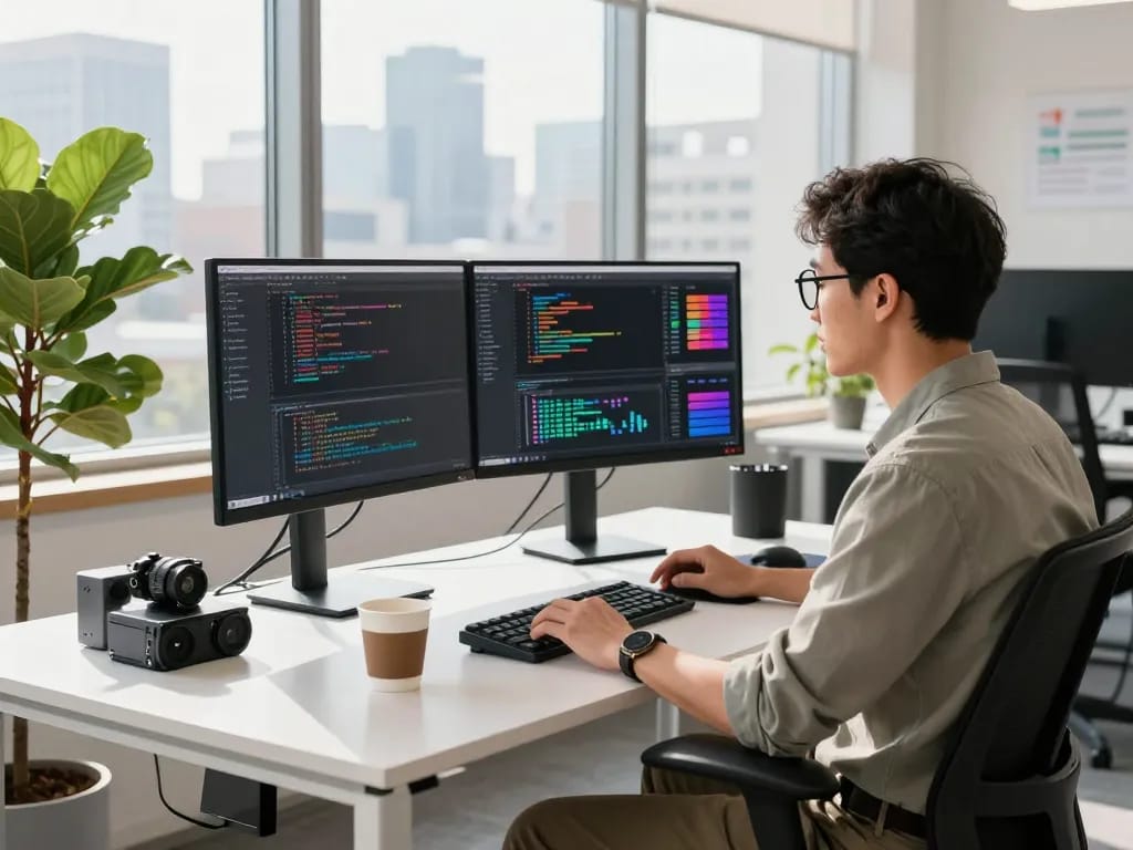 Developer coding with group buy SEO tools on dual monitors in a modern office.