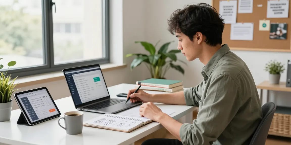 Self-employed professional working in a bright modern office space, laptop open and ideas displayed.