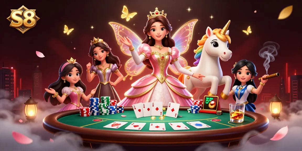 S8 casino event illustration featuring a glamorous Asian woman and golden unicorn surrounded by vibrant poker elements.