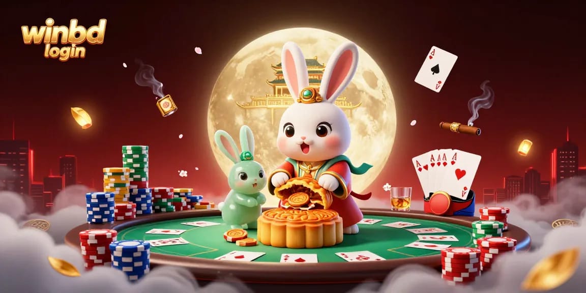 Winbd login to exciting online gaming with a vibrant casino scene featuring a moon rabbit and poker elements.