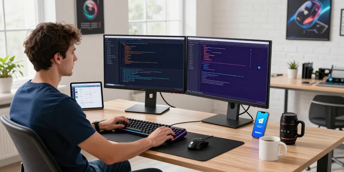 Developer creating a Telegram client application at a modern workspace, emphasizing the telegramin-cn.com experience.