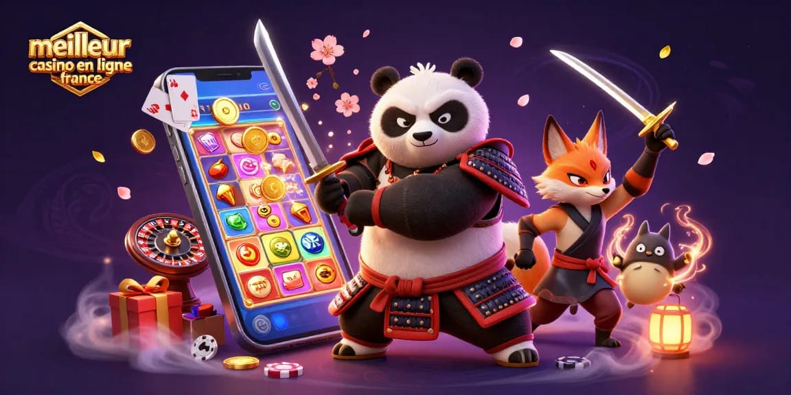 Image présentant les personnages de "meilleur casino en ligne en France" avec samouraï, ninja et tanuki, entourés d'éléments de jeu.