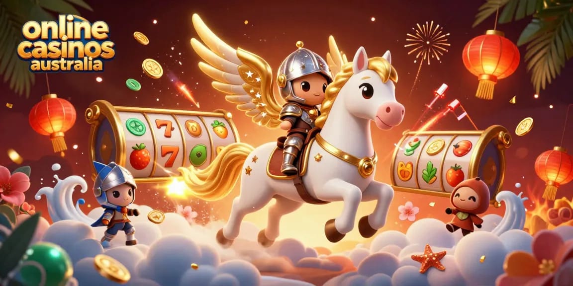 Experience thrilling slot action at online casinos Australia with a celestial knight and golden horse.