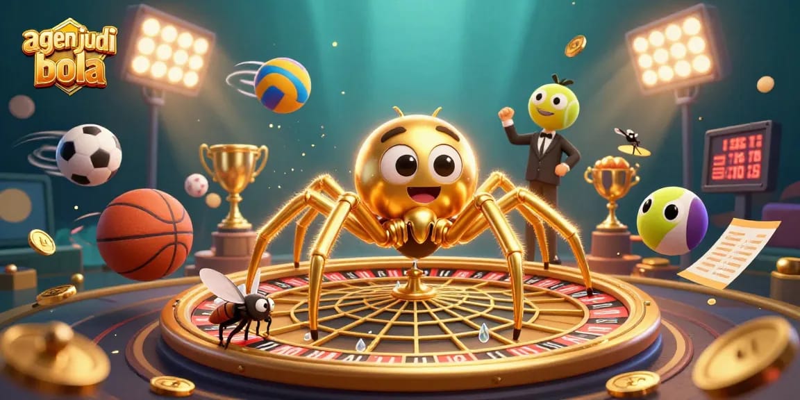 Experience thrilling bets with agen judi bola as a golden spider spins a roulette web under stadium lights.