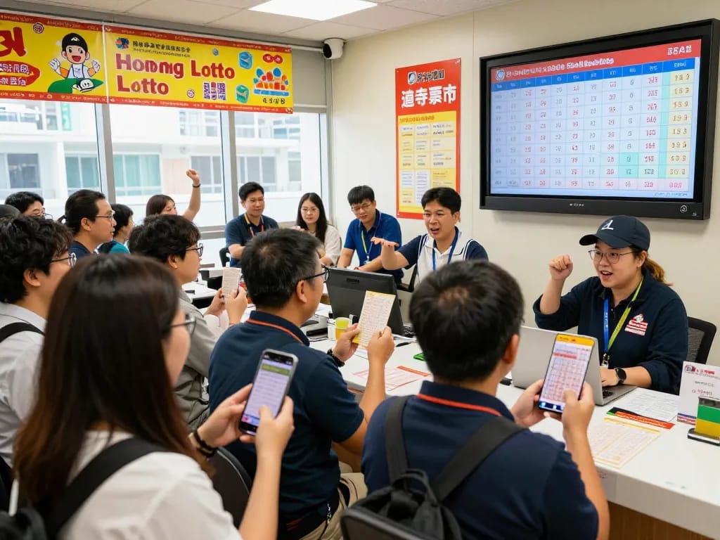 Excited players checking their winning numbers for Hongkong Lotto in a vibrant lottery center.