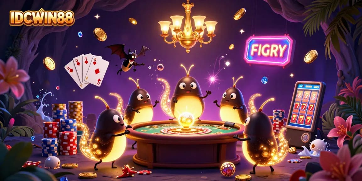 Experience the vibrant energy of IDCWIN88 with glowworms illuminating a captivating casino scene.
