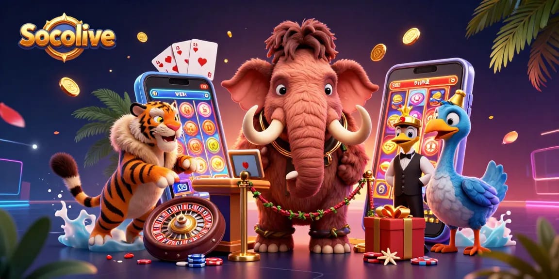 Socolive welcomes players with vibrant casino vibes and immersive slot fun through an engaging 3D illustration.