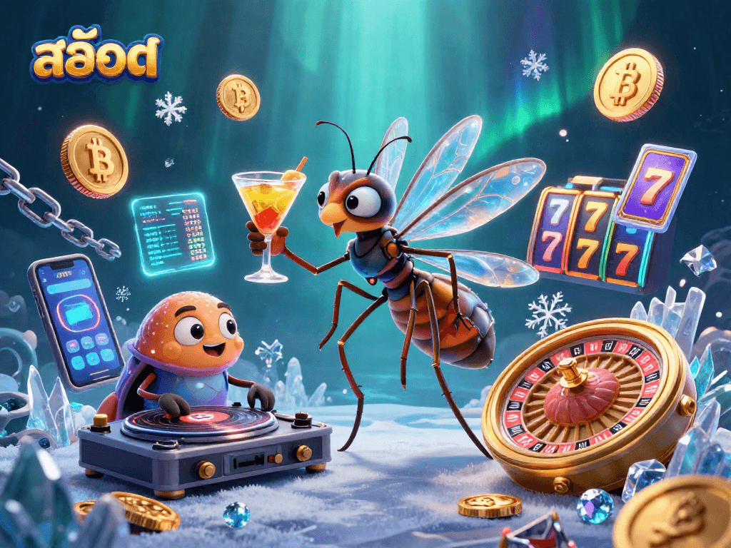 Engage with สล็อต gaming adventure featuring a vibrant frozen mosquito mascot and dynamic casino elements.