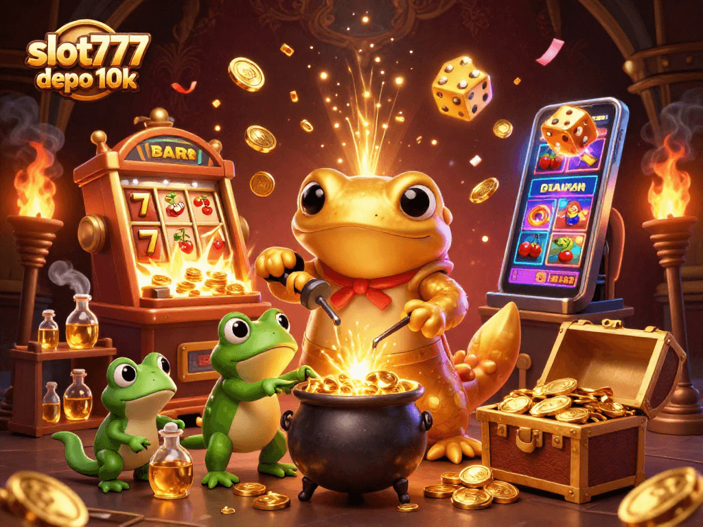 Win big with slot777 depo 10k in this vibrant 3D illustration of a magical gambling scene.