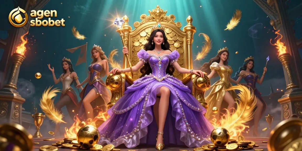 A gamer's paradise showcasing agen sbobet with a regal Asian princess holding a diamond-topped scepter amidst dynamic sports elements.