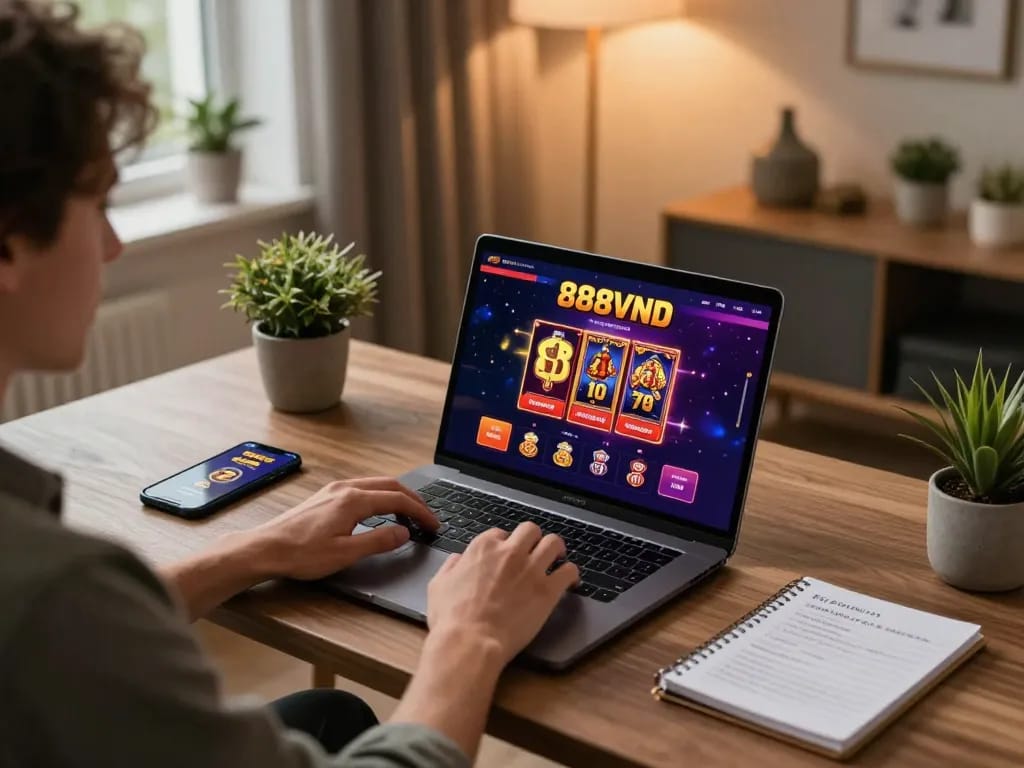 Player engaged in online gambling on 888vnd platform with strategic notes beside a laptop.