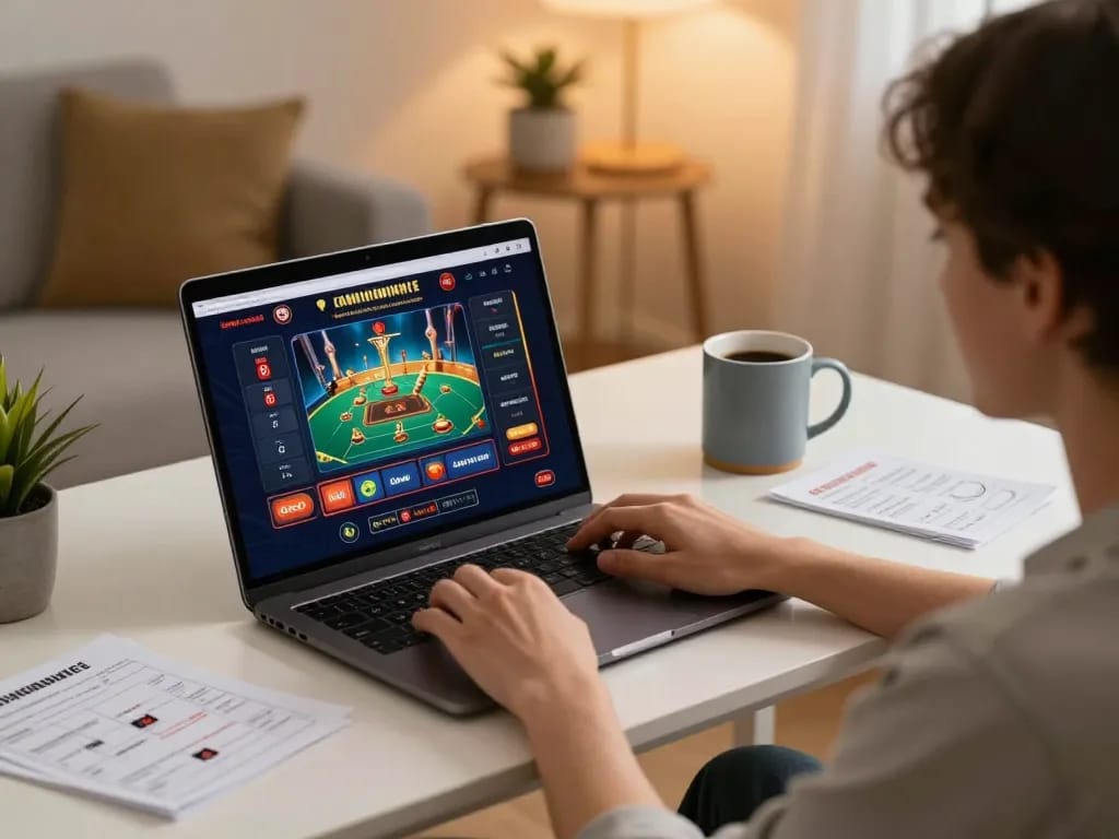 Trò chơi hấp dẫn tại casino trực tuyến Luckywin, trình bày người dùng chơi trên laptop trong không gian ấm cúng